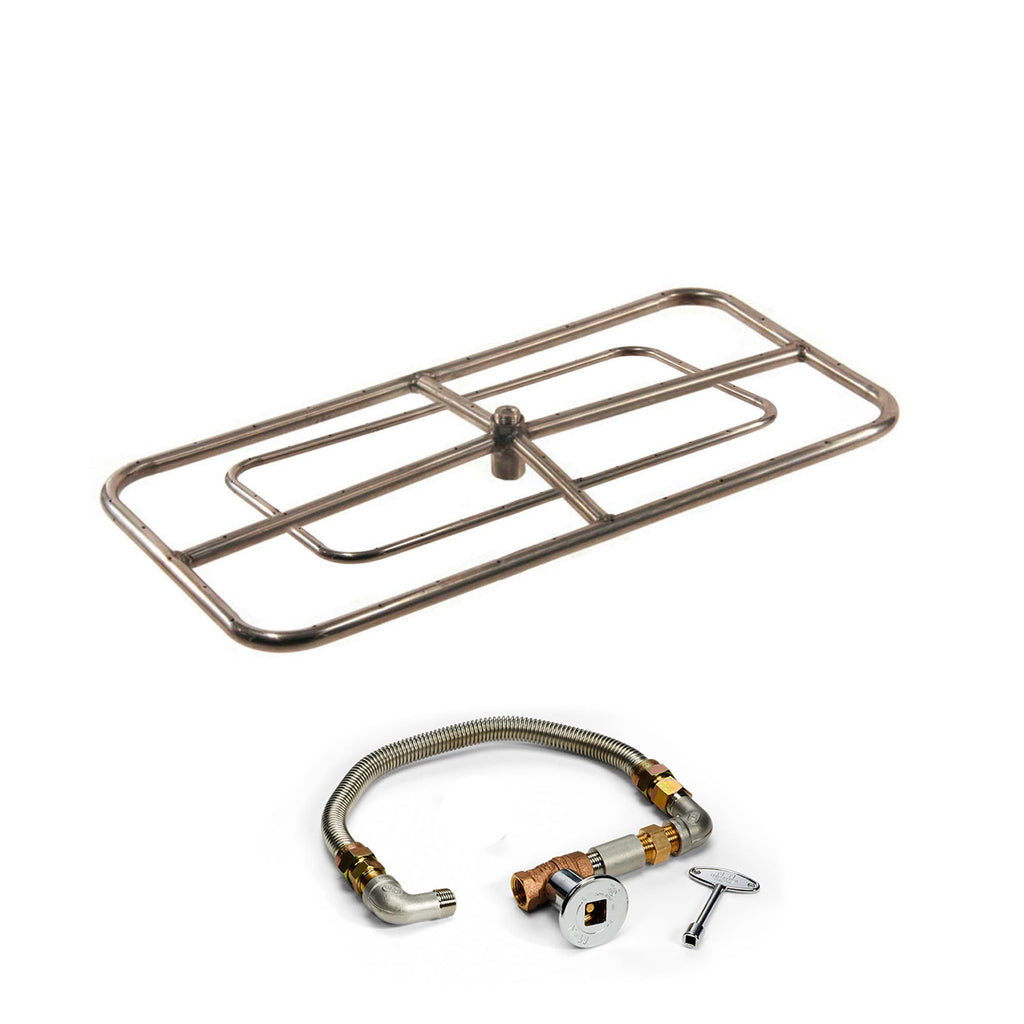 Rectangular burner grate with manifold fittings and gas hose regulator kit pieces