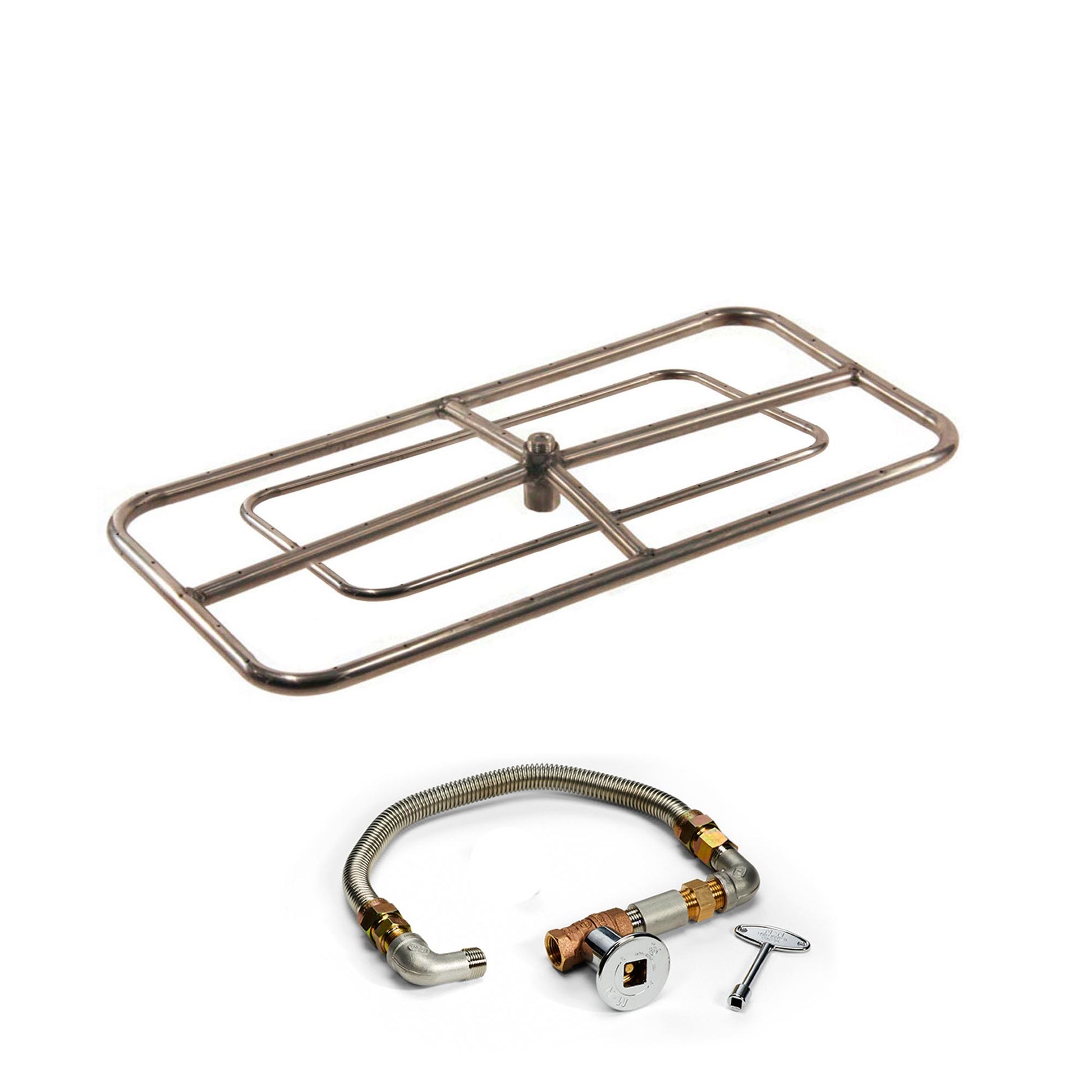 Rectangular burner grate with manifold fittings and gas hose regulator kit pieces