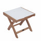 Teak sling footrest with white fabric cushion and teak wood frame