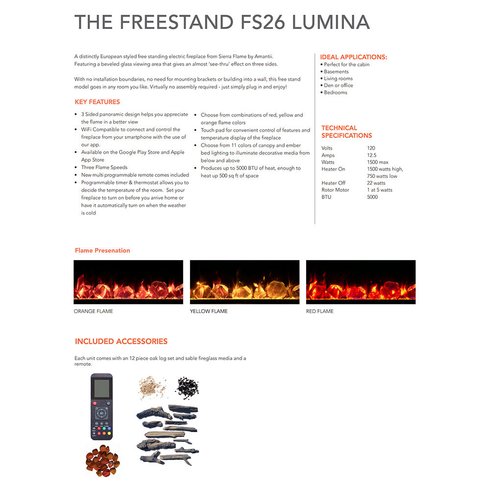 Amantii Freestand Series 26-Inch Lumina Electric Fireplace with Logs