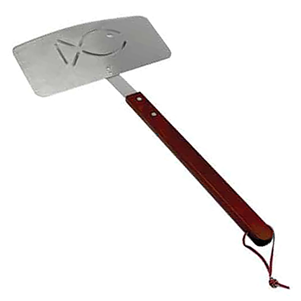 Stainless steel fish spatula with burgundy handle and angled perforated blade