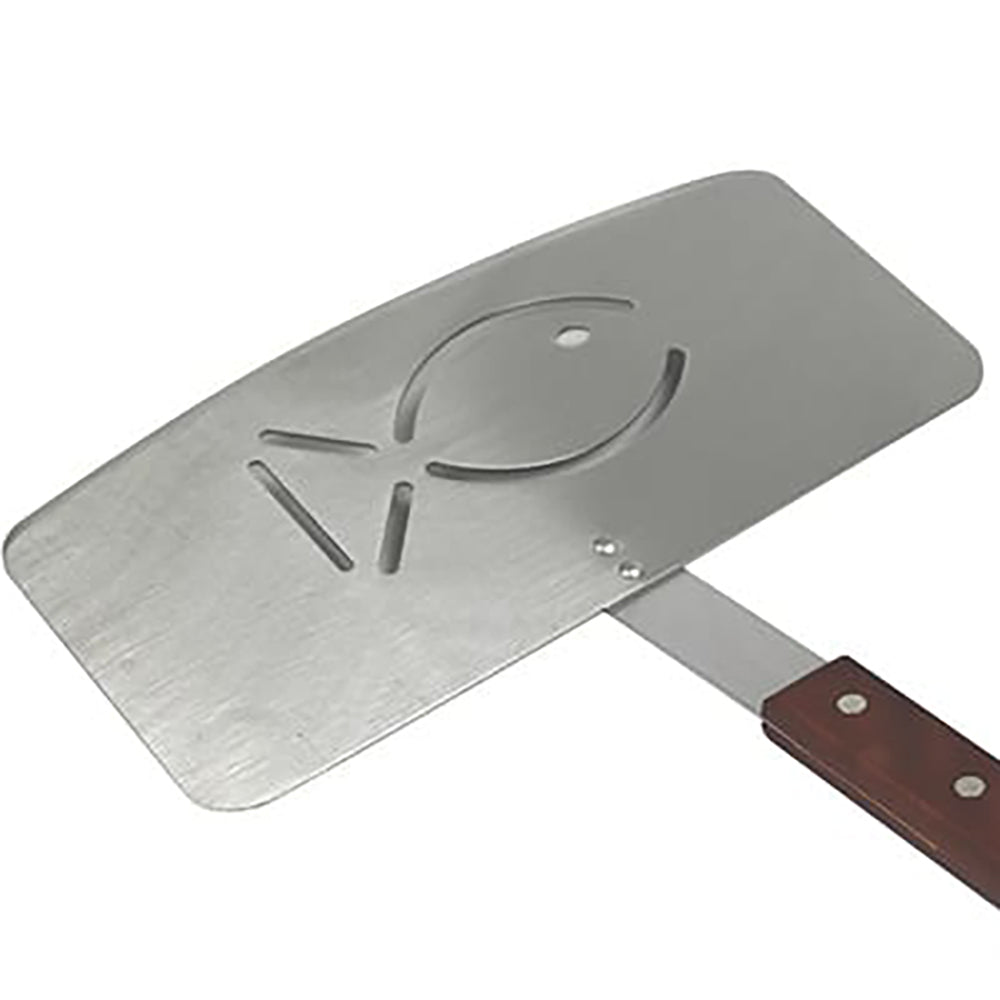 Stainless steel fish spatula with brown handle and flat blade with fish cutouts