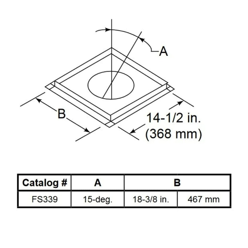 Flue firestop angular plate diagram with round opening and size callouts A and B