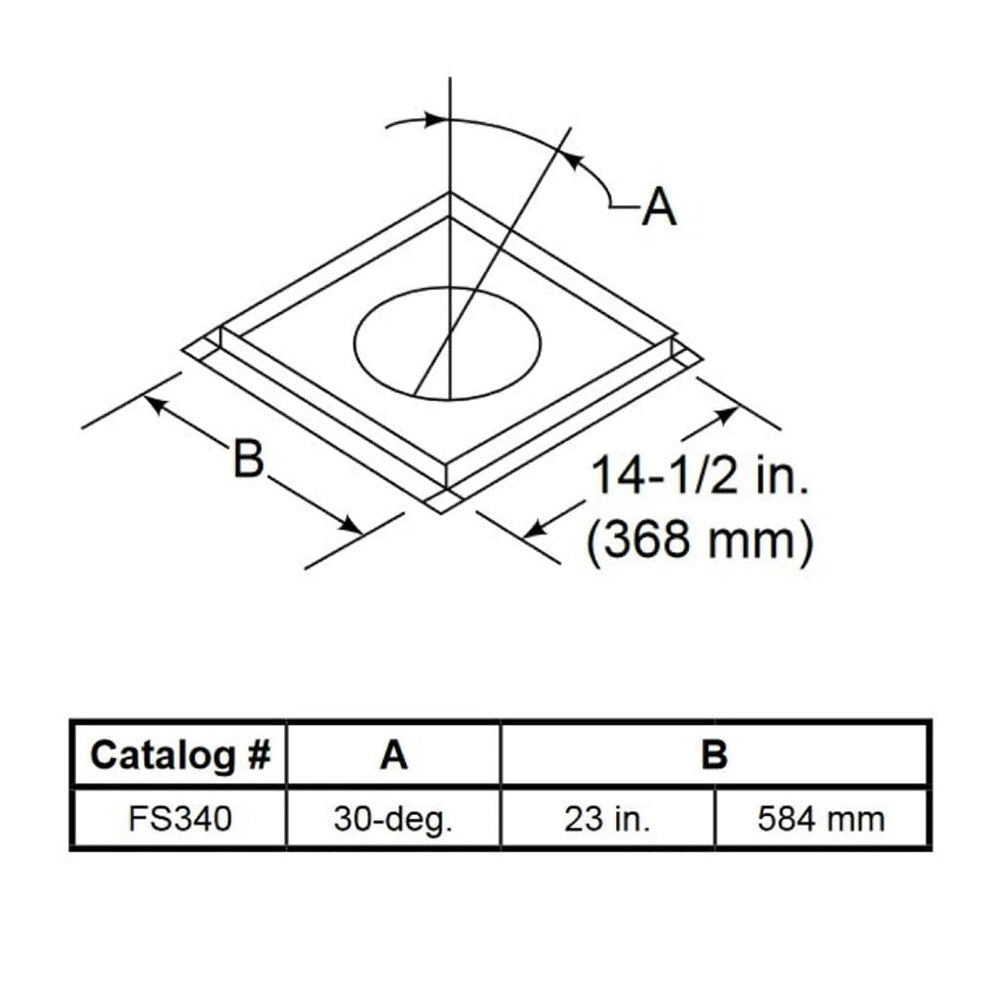 Firestop dimension diagram for angular flue, square collar with circular opening