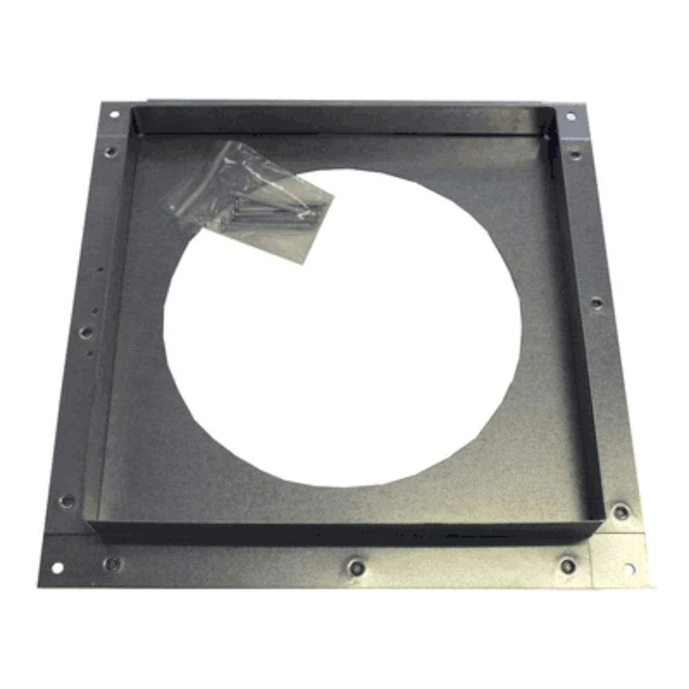 Firestop spacer frame with round opening, dark metal rectangular housing