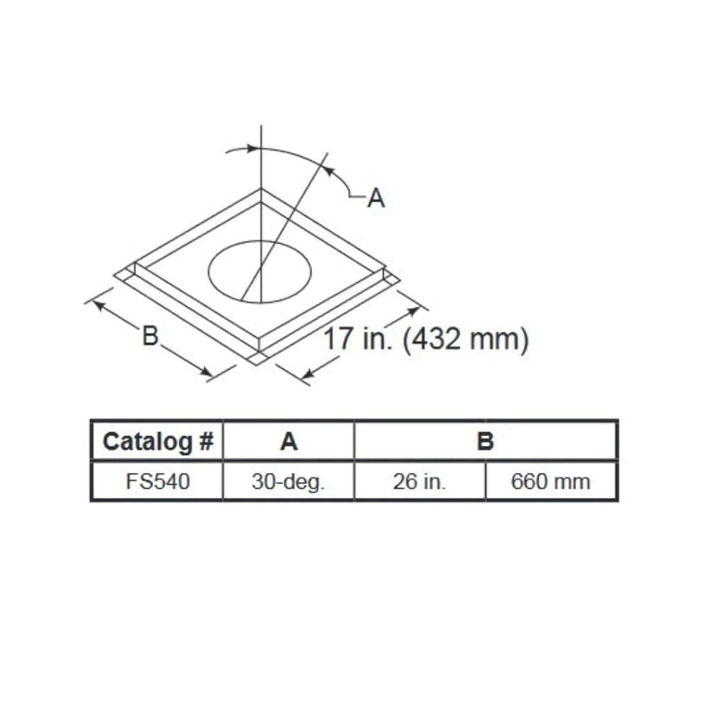 Firestop spacer technical diagram showing square housing, circular opening, and dimensions