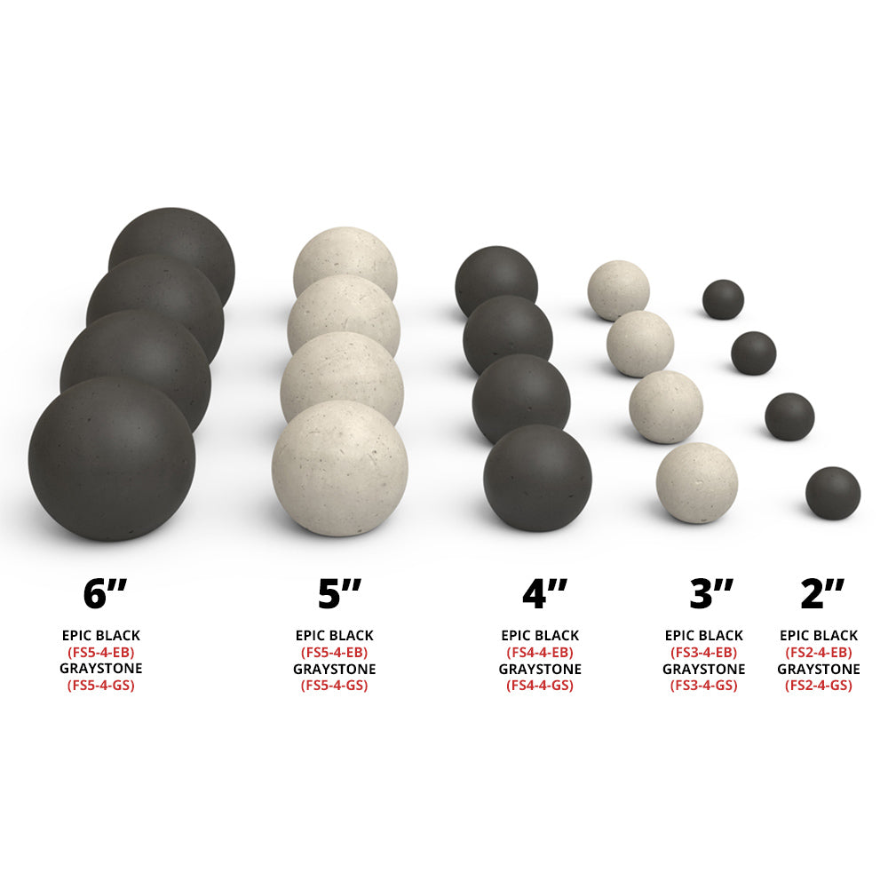 Set of fire sphere balls in multiple sizes, matte dark and light gray
