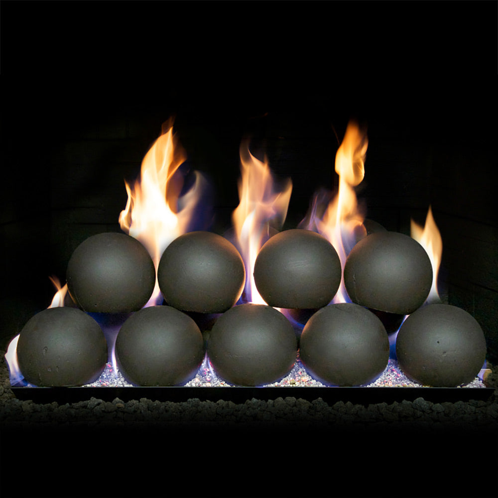 Dark matte fire sphere set with flames, four-piece arrangement of round spheres