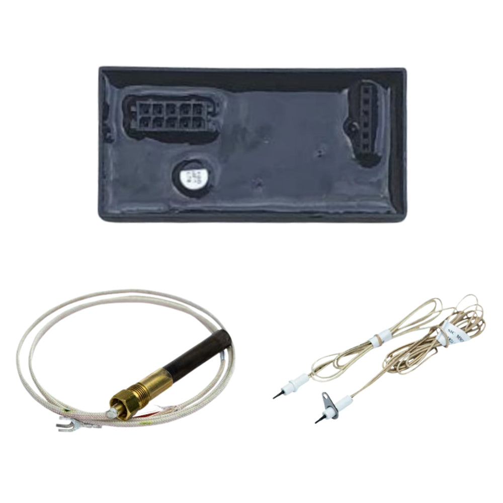 Electronic ignition replacement part kit with control module and wired leads in tray