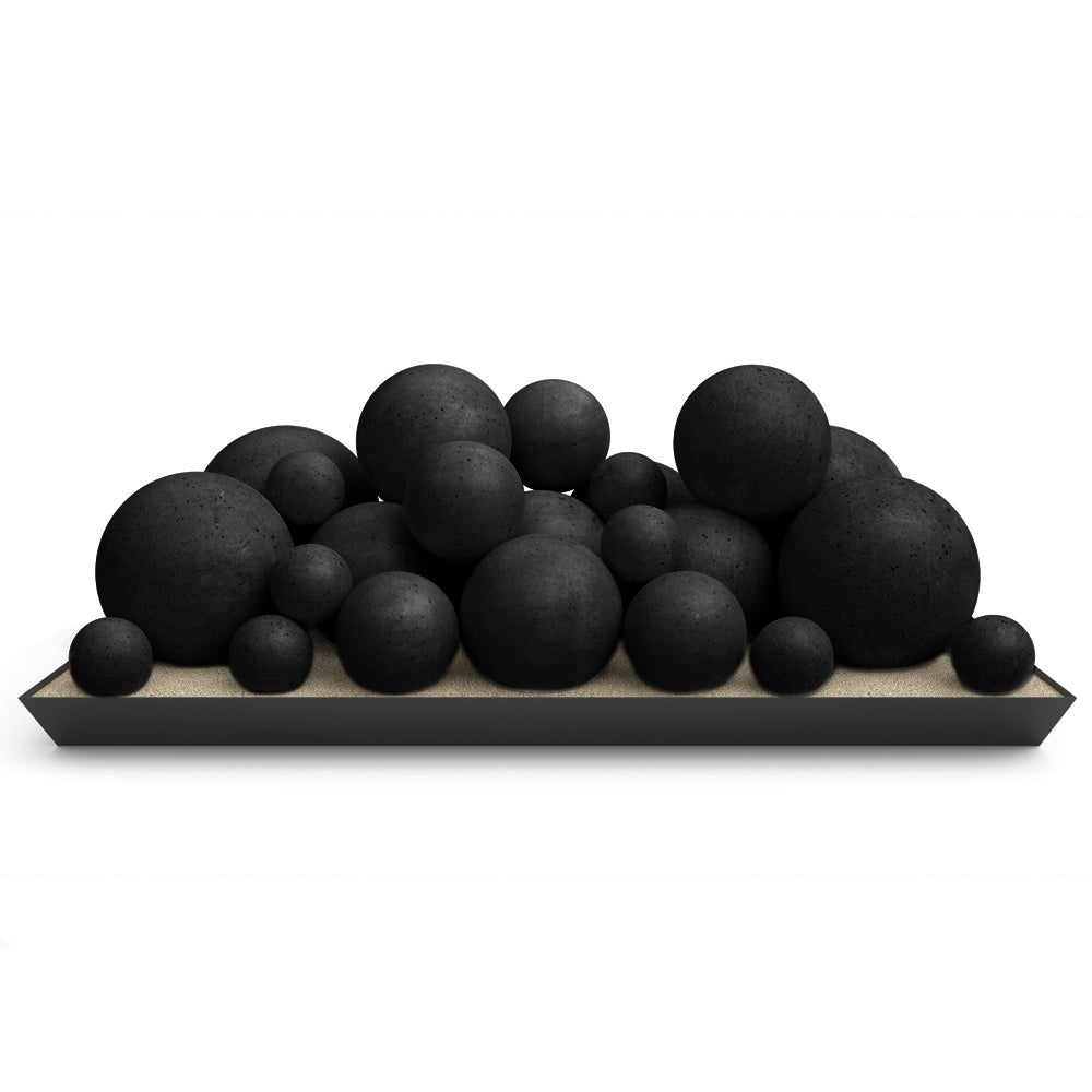 Vented glass burner kit with matte black spheres on rectangular base tray