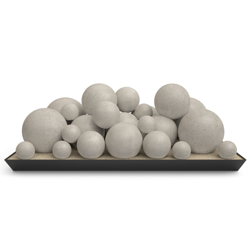 Vented glass burner kit with light gray spheres on rectangular base tray