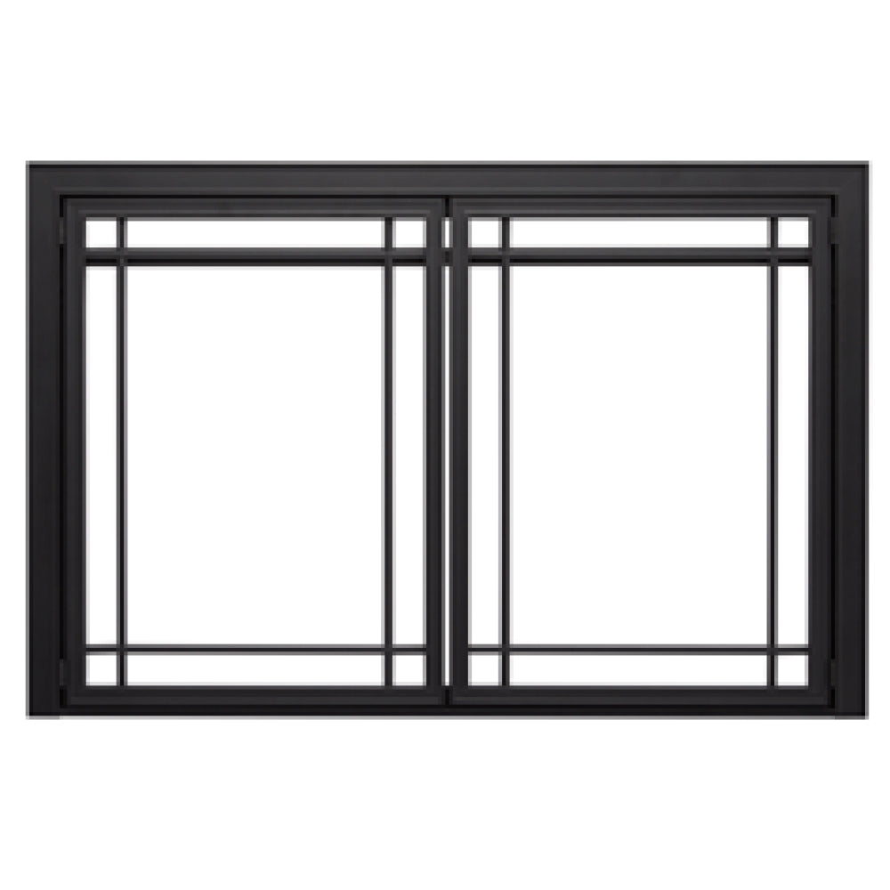 Black fireplace mission door front with two glass panels in rectangular frame