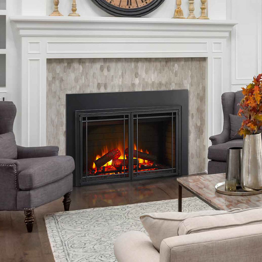 Black fireplace door front with two glass doors showing flames behind