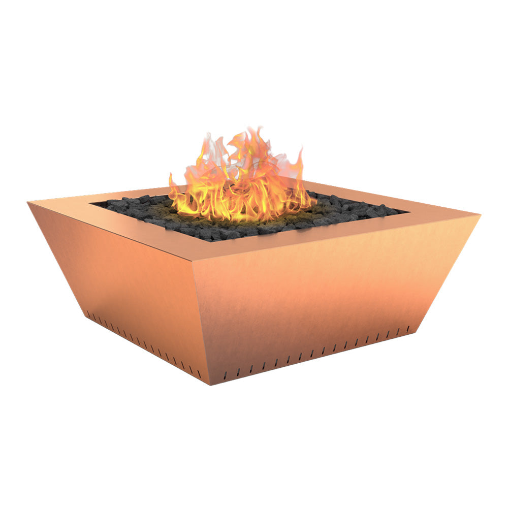 Copper gas fire table with square surround and visible flames in black fire bed