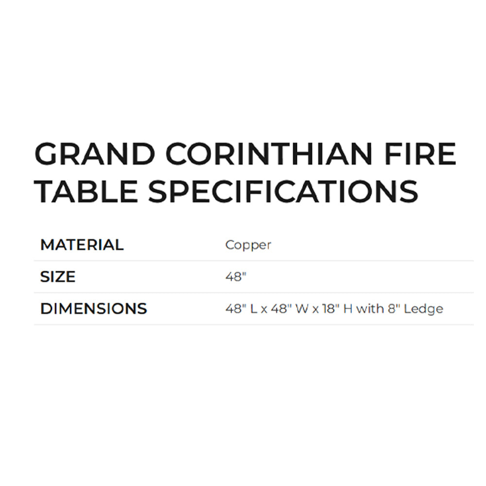 Fire table specifications graphic with material Copper and size 48 in