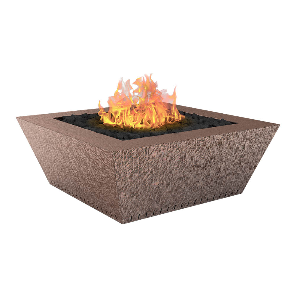 Hammered copper gas fire table with square opening and visible flames in black burner