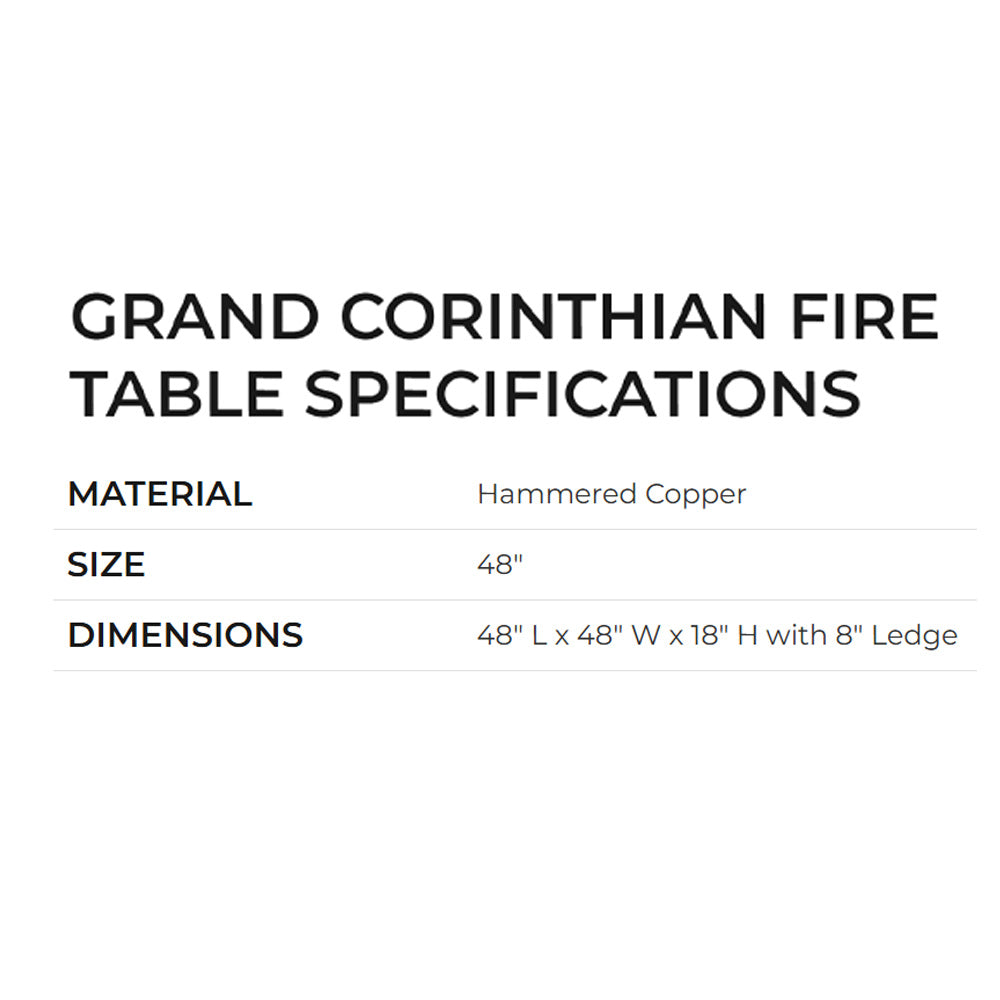 Fire table specs: hammered copper, 48 in, 48"L x 48"W x 18"H