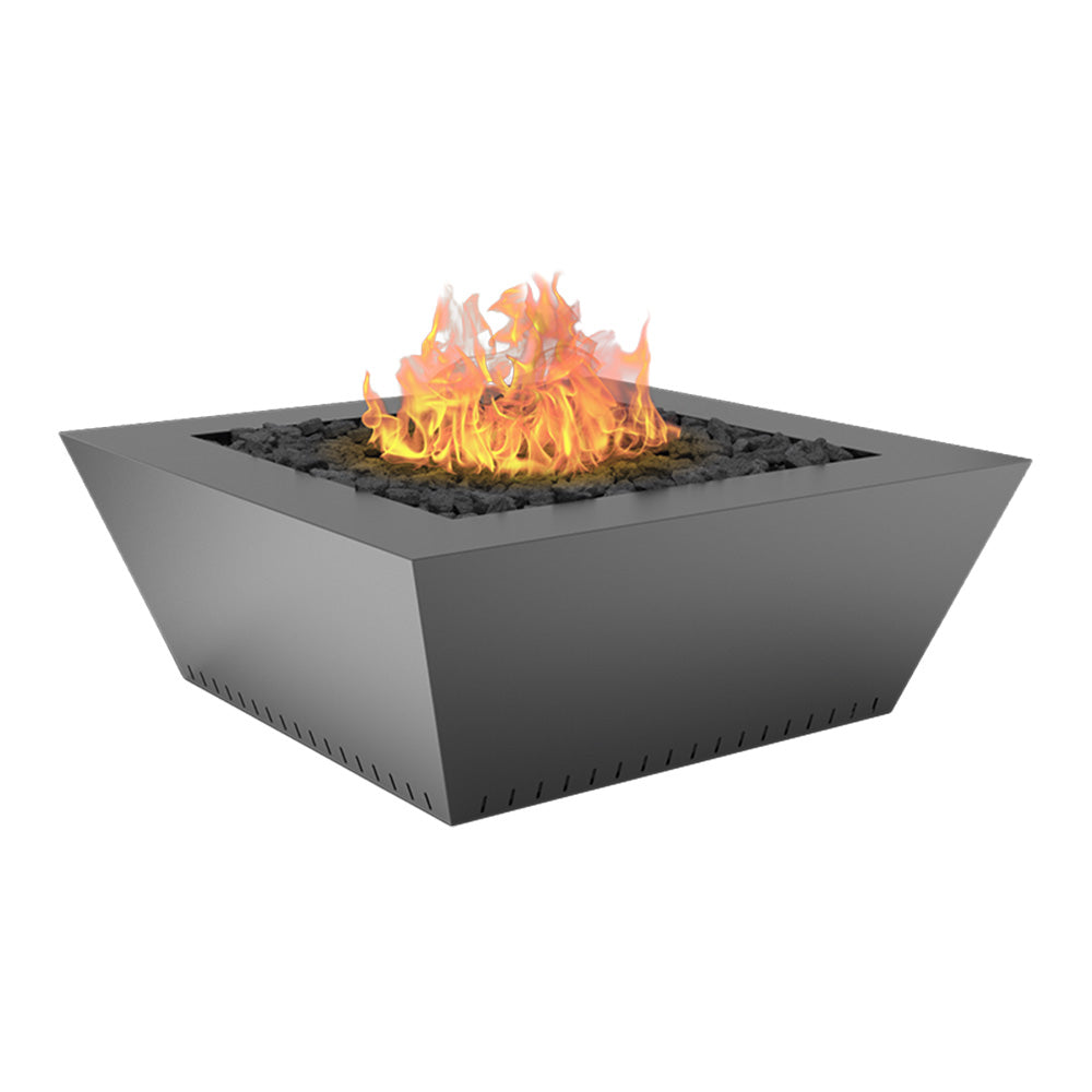 Powder-coated gas fire table with dark metal finish and flames in the center