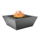 Powder-coated gas fire table with dark metal finish and flames in the center