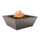 Powder-coated gas fire table with tan-brown metal finish and flames in the center