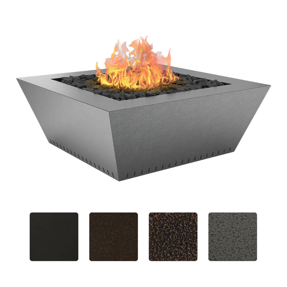 Powder-coated gas fire table with square metal sides and visible flames in the center