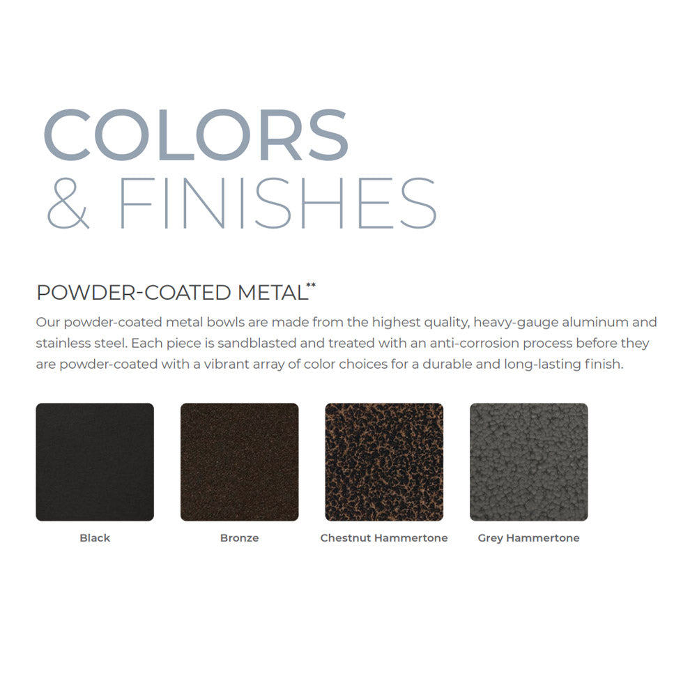 Color swatch panel showing four powder-coated metal finishes for a linear gas fire table.