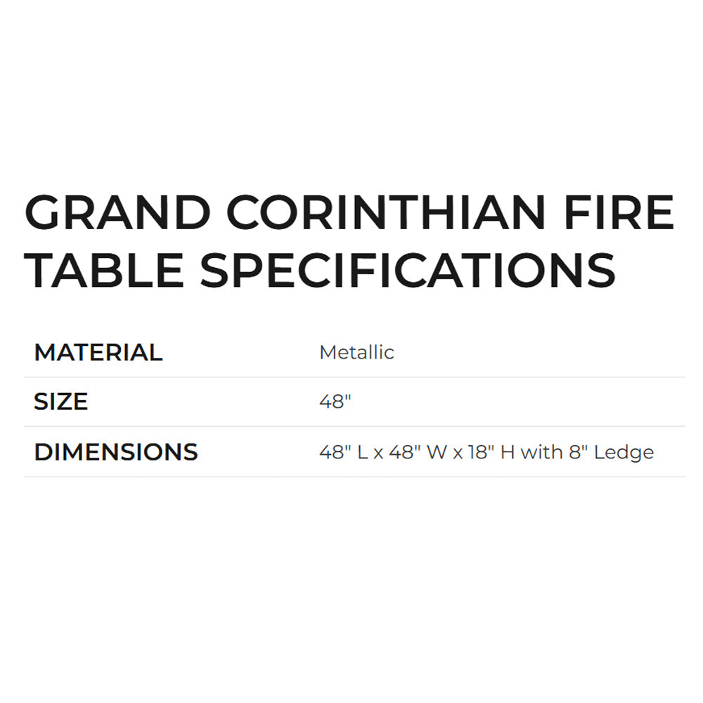 Gas fire table specification graphic with size and dimensions details