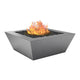 Powder-coated gas fire table with light gray metal finish and flames in the center