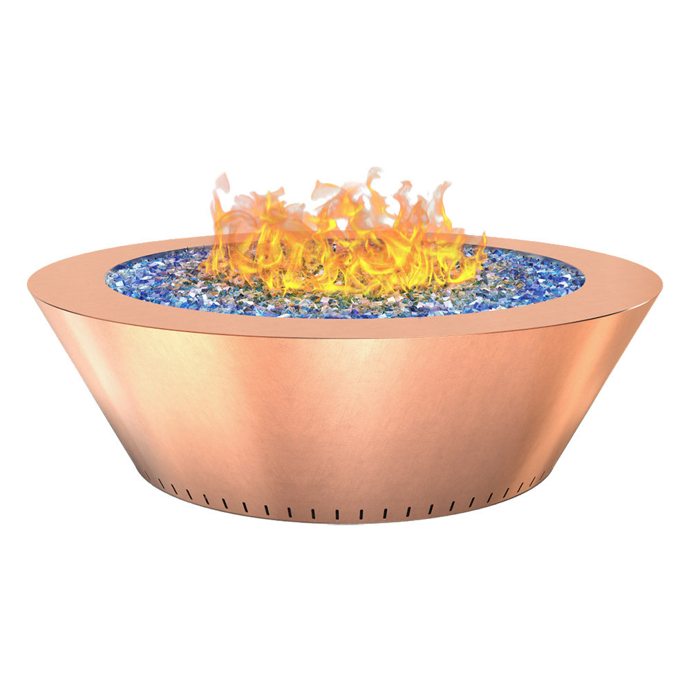 Copper round gas fire table with blue glass and visible flames