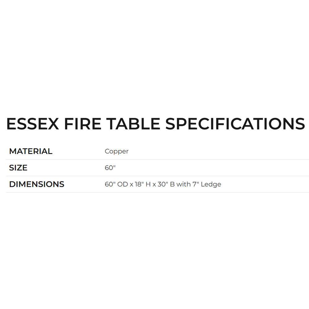 Essex fire table specifications: copper, 60 in, 60 in OD