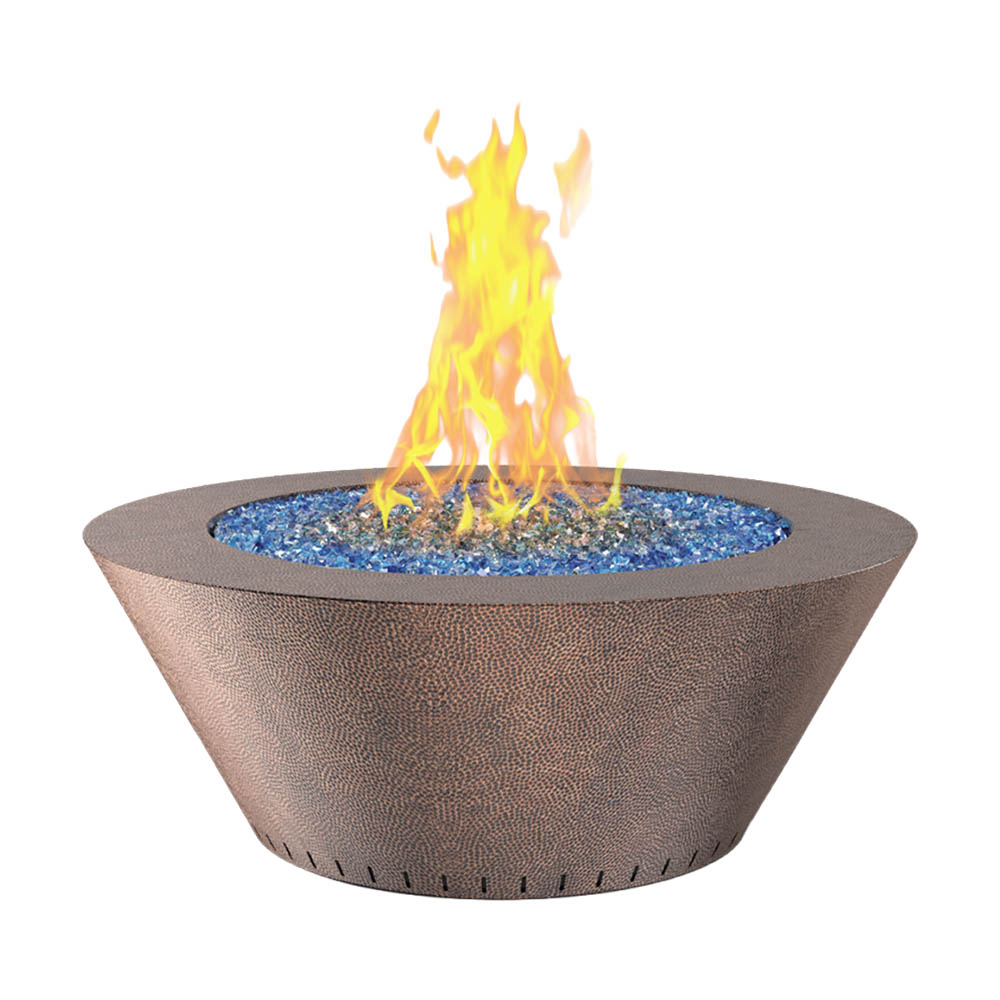 Hammered copper round gas fire table with blue fire burner and yellow flames