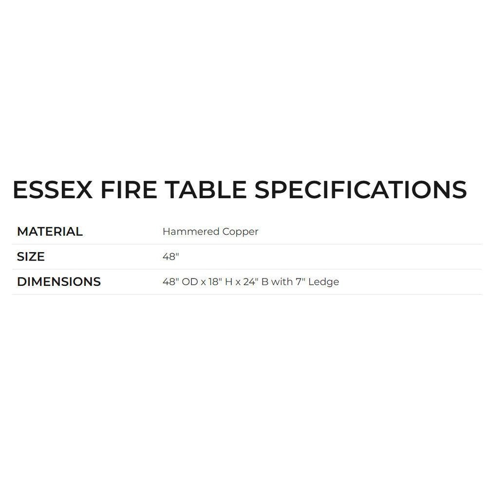 ESSEX FIRE TABLE SPECIFICATIONS: Material hammered copper; size 48 in