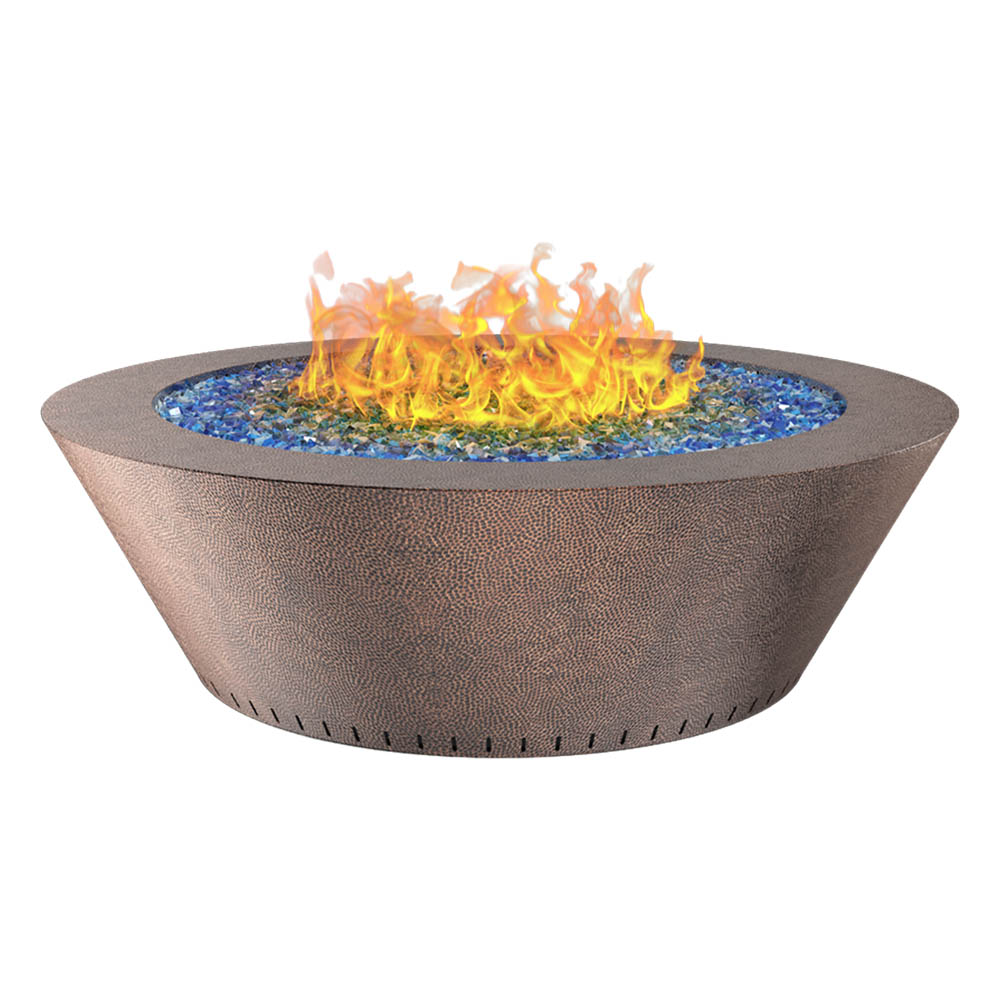 Hammered copper round gas fire table with blue burner pan and visible flames