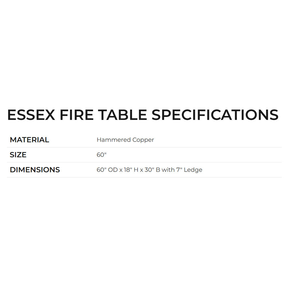 Essex fire table specs: hammered copper material, 60-inch size and dimensions