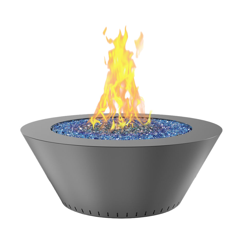 Powder-coated round gas fire table with dark gray bowl, blue fire glass, flames