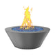 Powder-coated round gas fire table with dark gray bowl, blue fire glass, flames