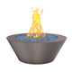 Powder-coated round gas fire table with dark bronze bowl, blue fire glass, flames