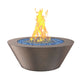 Powder-coated round gas fire table with bronze-brown bowl texture, blue fire glass, flames