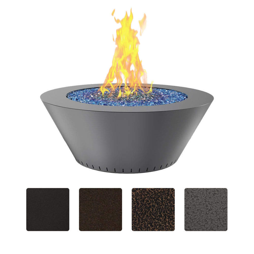 Powder-coated round gas fire table with black bowl and blue fire glass, flames