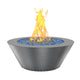 Powder-coated round gas fire table with light gray bowl, blue fire glass, flames