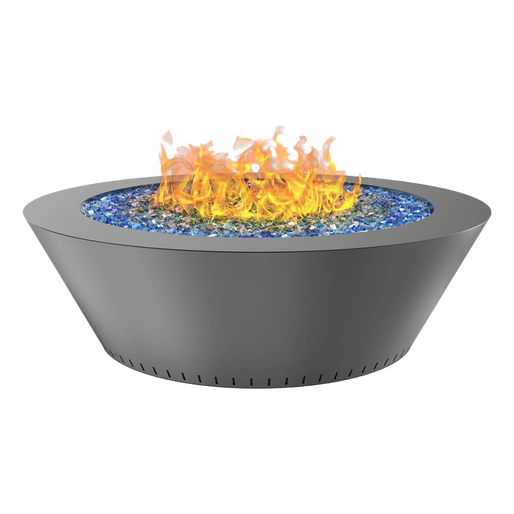 Round powder-coated gas fire table with blue fire glass and orange flames, dark grey
