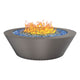 Round powder-coated gas fire table with blue fire glass and orange flames, medium grey