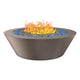 Round powder-coated gas fire table with blue fire glass and orange flames, bronze finish