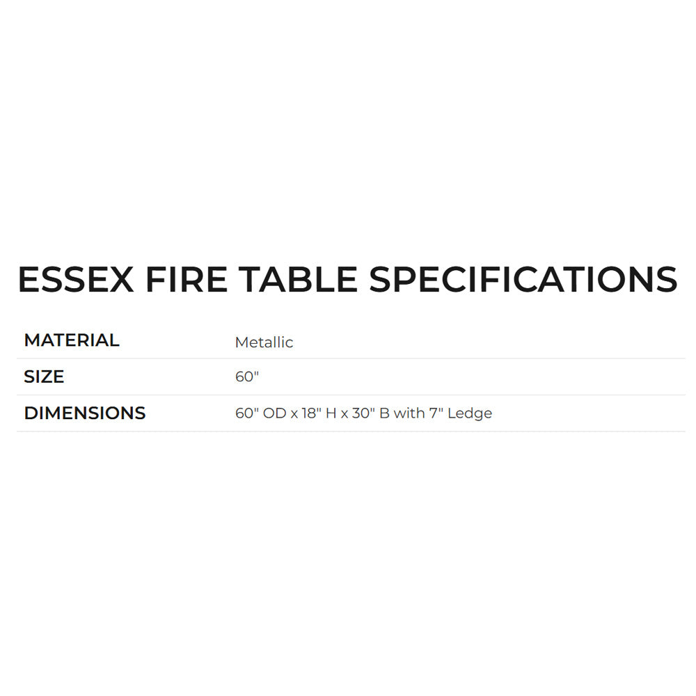 Fire table specifications panel showing material and size details