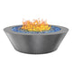 Round powder-coated gas fire table with blue fire glass and orange flames, grey finish