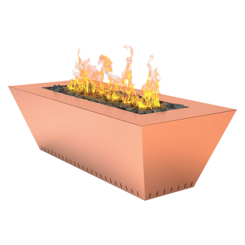 Copper linear gas fire table with burning flames in the long tray