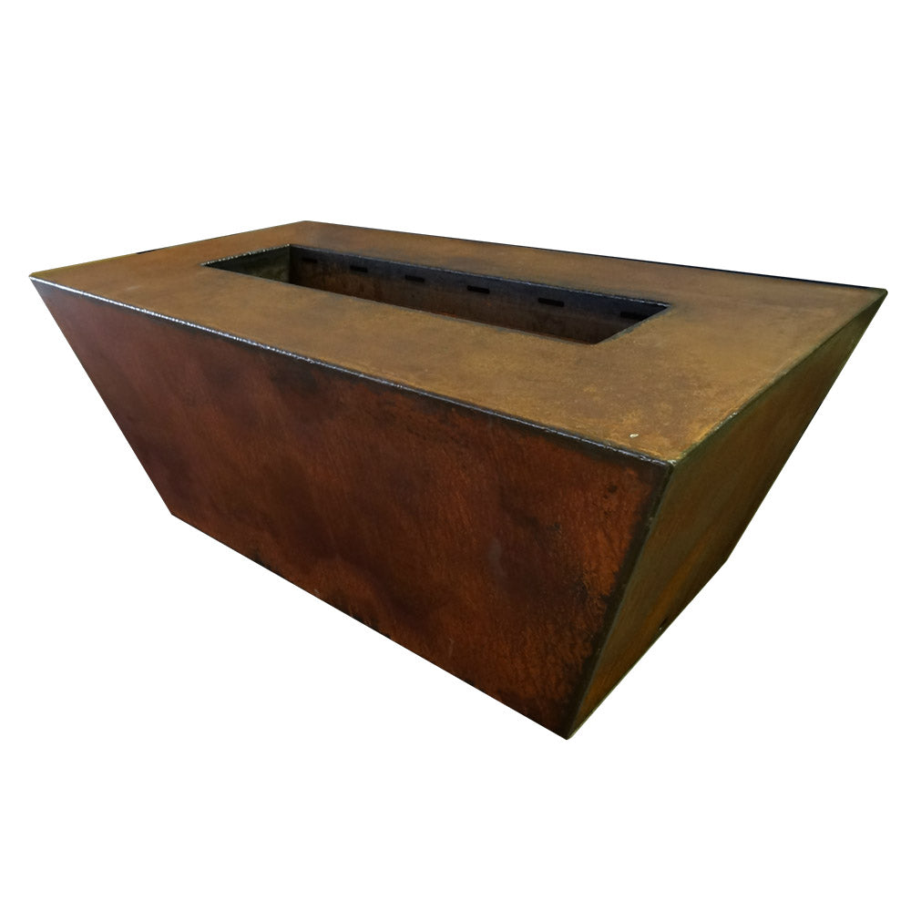 Corten linear gas fire table with rectangular burner opening and sloped sides
