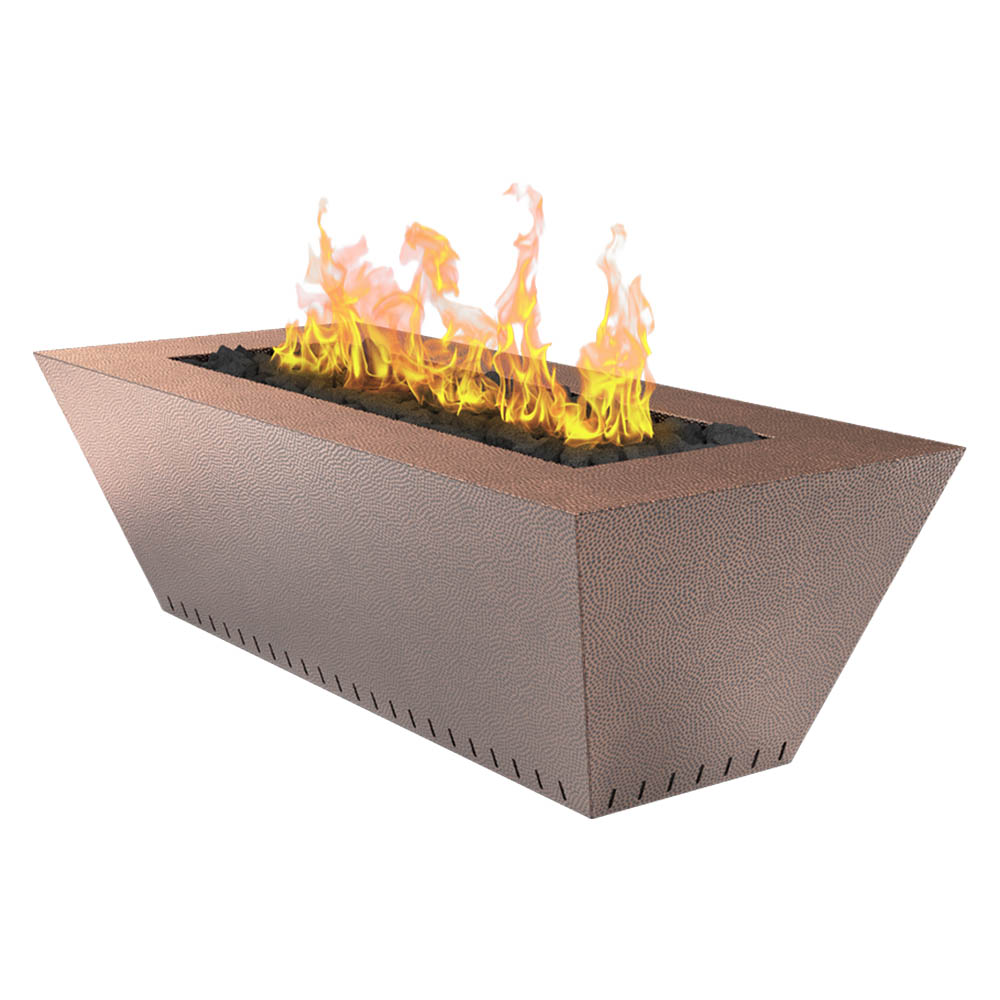 Linear hammered copper gas fire table with rectangular burner and flames
