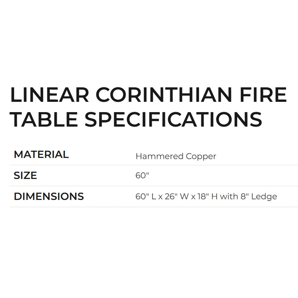 Linear Corinthian fire table specs: hammered copper, 60-inch size