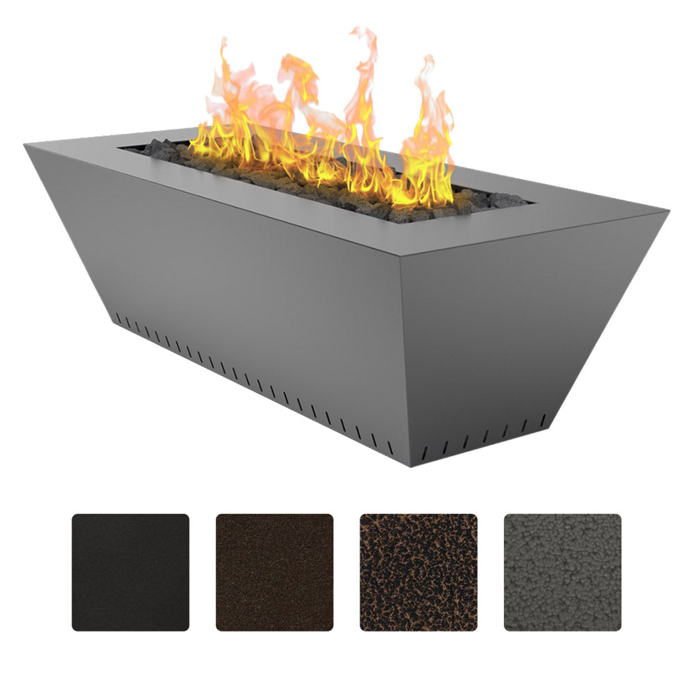 Linear gas fire table with dark powder-coated metal and open flames in rectangular bowl.